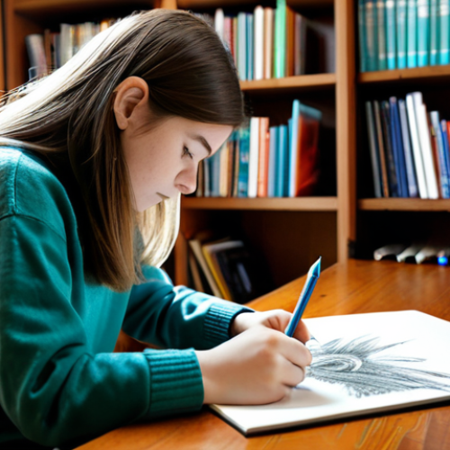 Home 6 A young adult female artist, fully clothed in a modest, comfortable sweater, is intensely focused on drawing a cute Teenieping character on a sketchpad. Her well-formed hands expertly hold a graphite pencil, with correct proportions visible. The art desk is well-lit by natural light from a window, featuring an organized array of traditional art supplies: a vibrant set of colored pencils, fineliner pens, a soft eraser, and a small stack of completed Teenieping sketches. The background shows blurred bookshelves, maintaining focus on the artist and her work. This is a professional photography, high-detail, sharp focus image with clear lines, safe for work, appropriate content, and family-friendly.