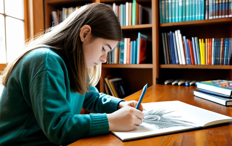 A young adult female artist, fully clothed in a modest, comfortable sweater, is intensely focused on drawing a cute Teenieping character on a sketchpad. Her well-formed hands expertly hold a graphite pencil, with correct proportions visible. The art desk is well-lit by natural light from a window, featuring an organized array of traditional art supplies: a vibrant set of colored pencils, fineliner pens, a soft eraser, and a small stack of completed Teenieping sketches. The background shows blurred bookshelves, maintaining focus on the artist and her work. This is a professional photography, high-detail, sharp focus image with clear lines, safe for work, appropriate content, and family-friendly.