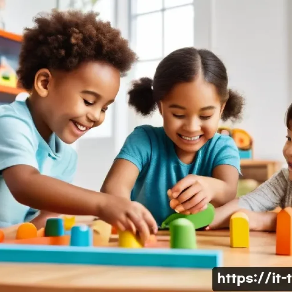 티니핑 애니메이션 완구 연계 - A vibrant and colorful playroom scene featuring children aged 5-7 playing together with TiniPing-ins...