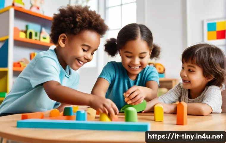티니핑 애니메이션 완구 연계 - A vibrant and colorful playroom scene featuring children aged 5-7 playing together with TiniPing-ins...