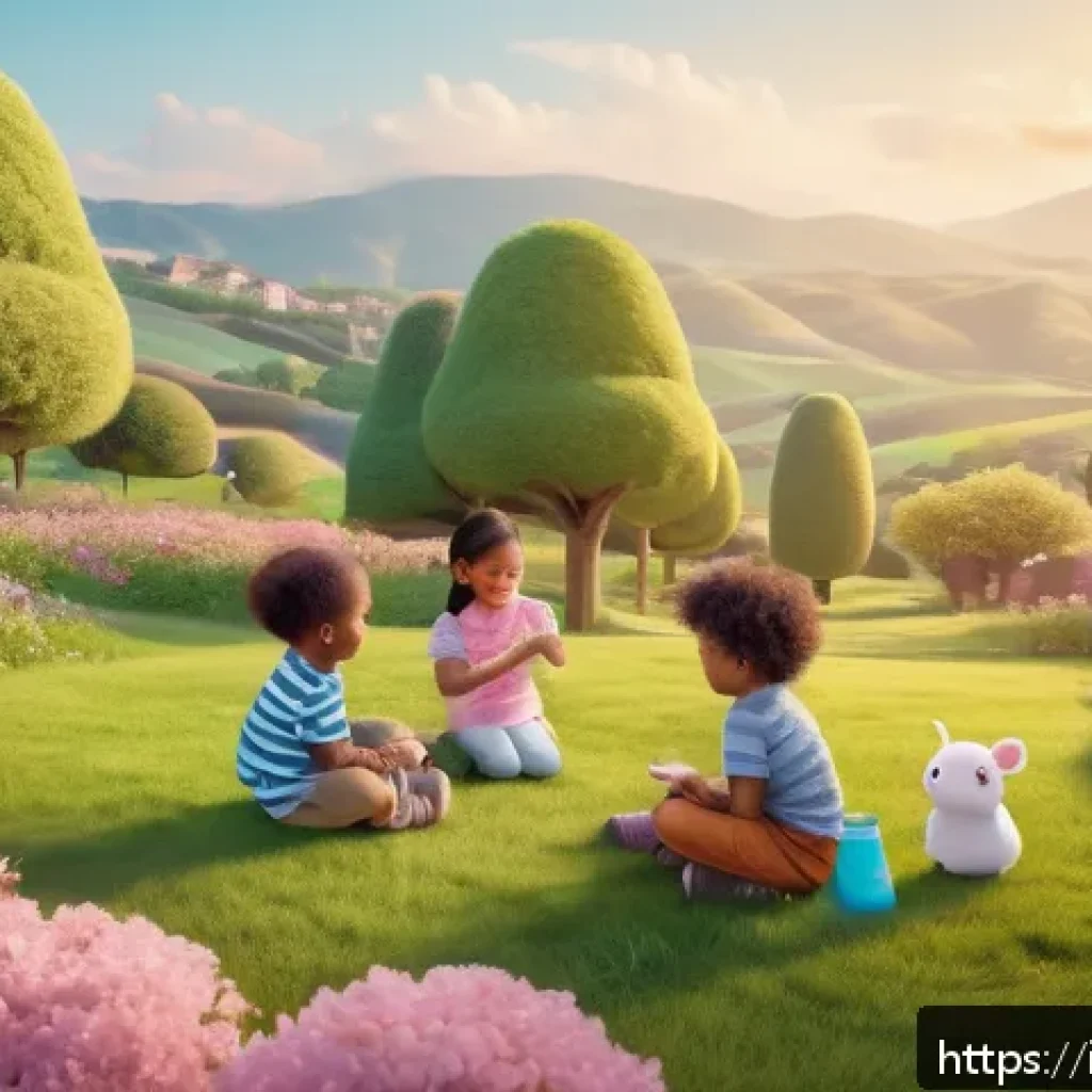 티니핑과 디즈니 공주 비교 - A charming scene featuring a group of children playing in a bright, pastel-colored park with Tinypin...