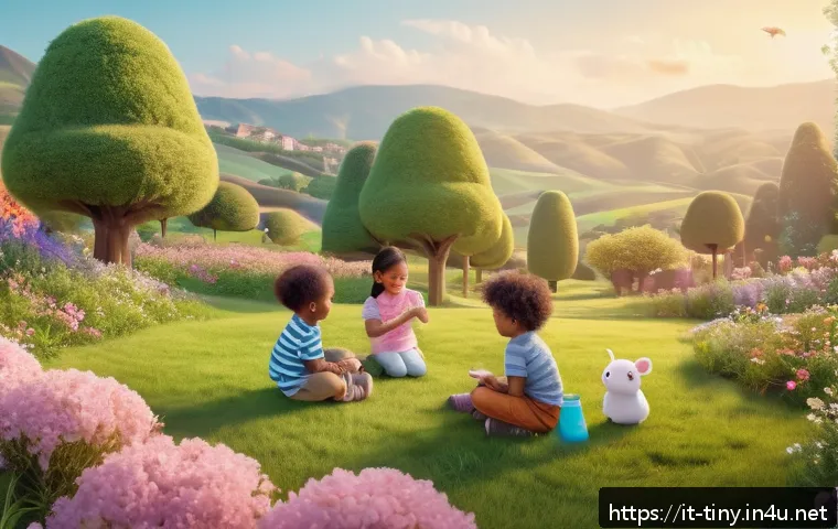 티니핑과 디즈니 공주 비교 - A charming scene featuring a group of children playing in a bright, pastel-colored park with Tinypin...